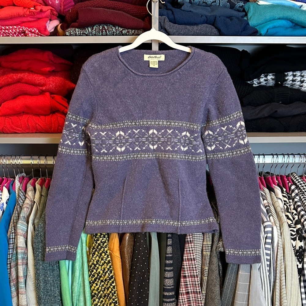 Eddie Bauer 100% wool purple/white/gray print long sleeve sweater size M